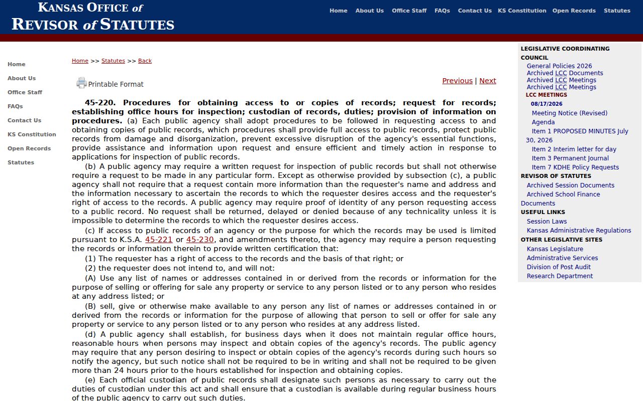 Smith County court record request procedure KSA 45-220