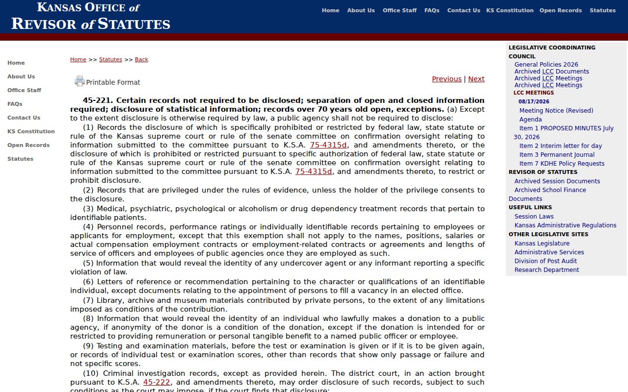 Smith County court records exemption law KSA 45-221
