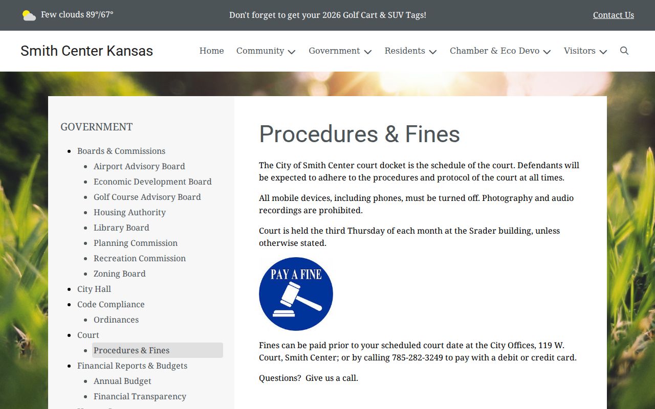 Smith Center court records procedures and fines page